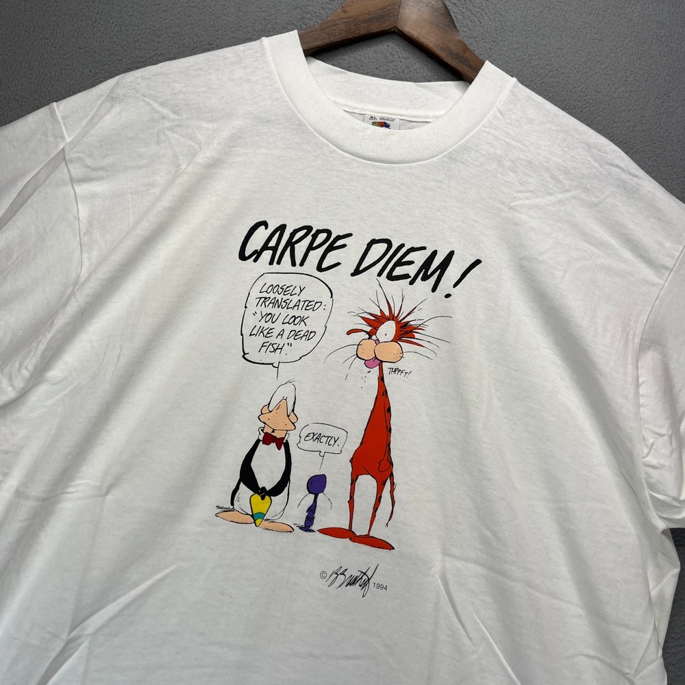 Vintage Carpe Diem Bloom County T Shirt Mens XL White Cotton 1994 Single Stitch